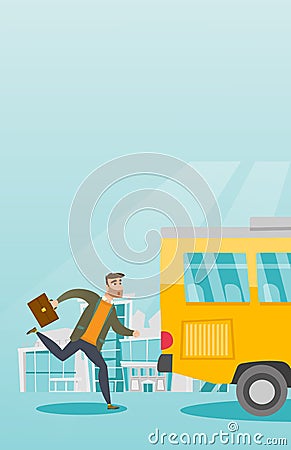 Caucasian latecomer man running for the bus. Vector Illustration