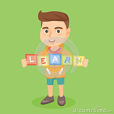 Boy holding blocks that spelling the word learn. Vector Illustration