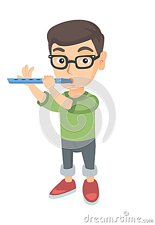 Caucasian little boy playing the flute. Vector Illustration