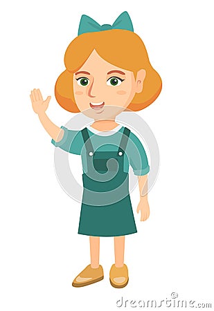 Caucasian little girl waving hand. Vector Illustration