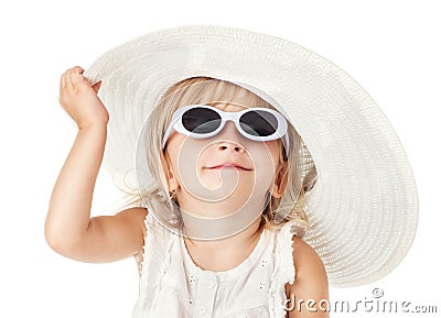 Caucasian little sweet girl 2 years old in white hat Stock Photo