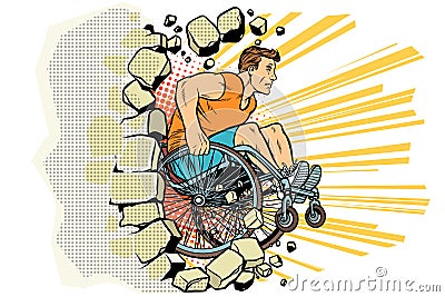 Caucasian male athlete in a wheelchair punches the wall Vector Illustration