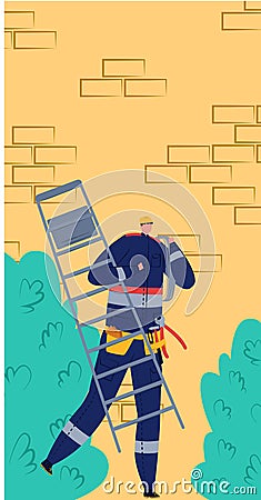 Caucasian male electrician carrying ladder and tools. Professional worker with safety gear fixing issues. Skilled trade Cartoon Illustration