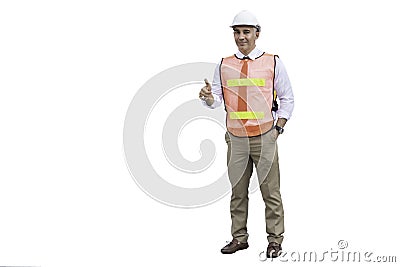 Caucasian male engineer Wearing a white helmet, standing and using hands to make a great symbol Stock Photo