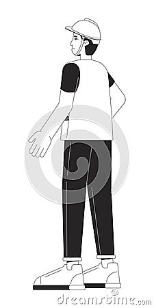 Caucasian male factory manual worker black and white 2D line cartoon character Vector Illustration