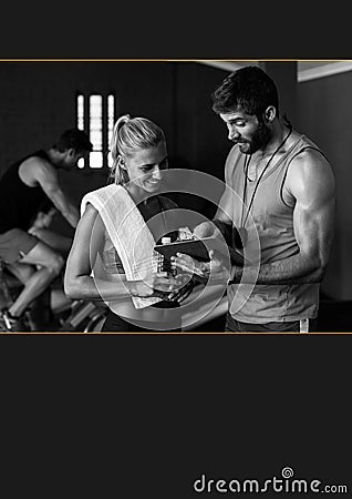 Caucasian male trainer with clipboard training a fit woman at the gym Cartoon Illustration