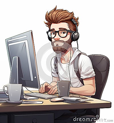 Caucasian man with a beard working with computer and headphones at a desk. Software developer, programmer or system Cartoon Illustration