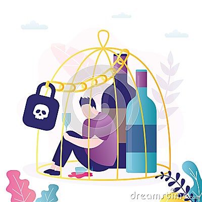 Caucasian man cannot cope with alcohol addiction. Drunk guy suffering from alcoholism locked in cage. Male character abuses Vector Illustration