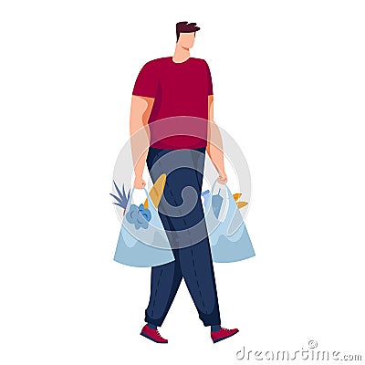 Caucasian man carrying grocery bags filled with food items. Male shopper walking after buying groceries. Everyday Vector Illustration