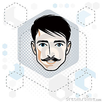 Caucasian man face expressing positive emotions, vector human he Vector Illustration