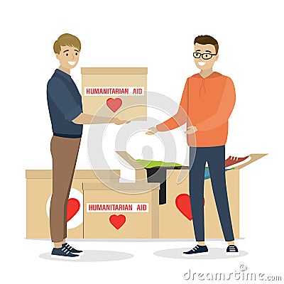 Caucasian man gives volunteer box of humanitarian aid. Charity donation, philanthropy concept Vector Illustration