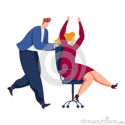 Caucasian man pushing office chair with excited woman raising arms in joy. Business celebration, employee success vector Vector Illustration