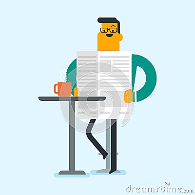 Man reading a newspaper and drinking coffee. Vector Illustration