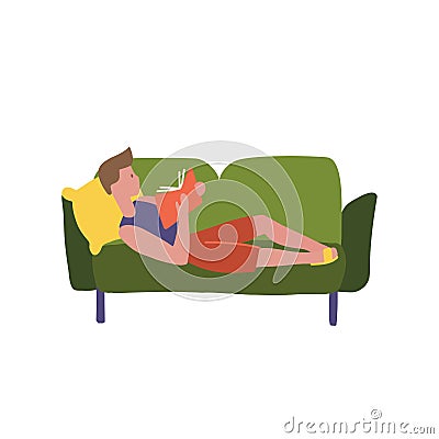 Caucasian man relaxing with a book on the couch at home. Young man reading a book on a sofa. Happy young guy lying at home. Vector Cartoon Illustration