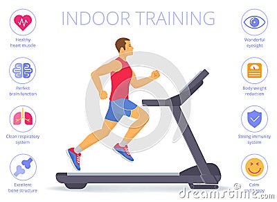 Caucasian man is running on the treadmill. Flat vector illustration. Vector Illustration