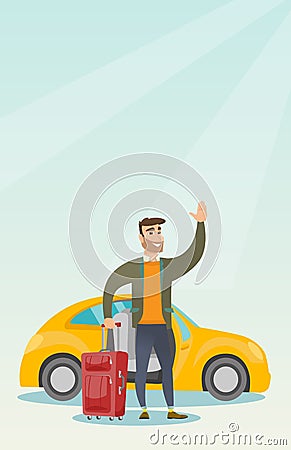 Young caucasian man waving in front of car. Vector Illustration