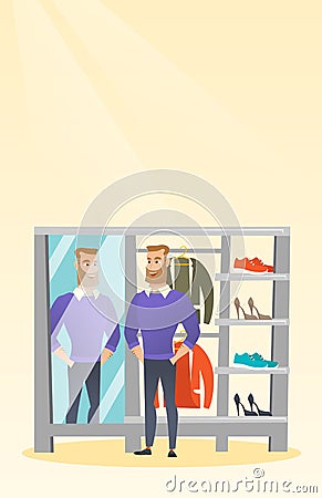 Caucasian man trying on sweater in a dressing room Vector Illustration