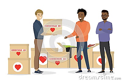 Caucasian man volunteer gives african men boxes of humanitarian aid. Charity donation, support, philanthropy concept Vector Illustration