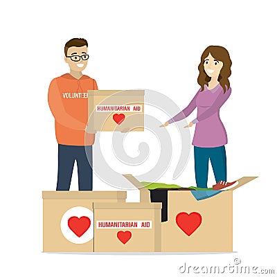 Caucasian man volunteer gives woman box of humanitarian aid. Charity donation concept, second hand things Vector Illustration