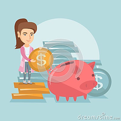 Caucasian manager putting a coin in a piggy bank. Vector Illustration