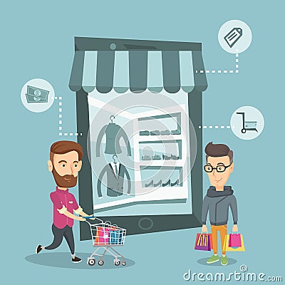 Caucasian men doing online shopping. Vector Illustration