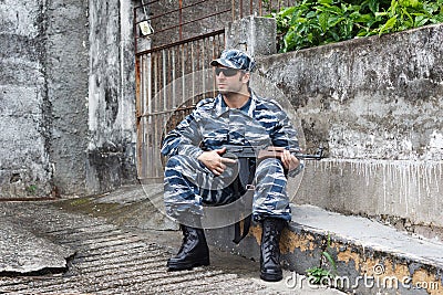 Caucasian military man win urban warfare si Stock Photo