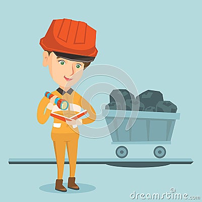 Caucasian miner checking documents with flashlight Vector Illustration