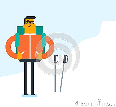 Caucasian mountaineer climbing a snowy ridge. Vector Illustration