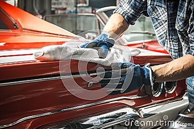 Muscle Cars Enthusiast Taking Care of His Classic Cars Stock Photo