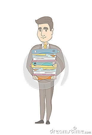Caucasian office worker holding pile of folders. Vector Illustration