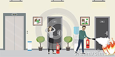Caucasian office worker man holds red fire extinguisher. Cartoon people extinguishes fire in office hall. Foam puts out flame Vector Illustration