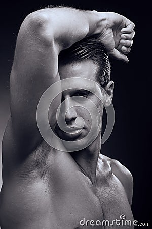 Caucasian one young adult man, muscular fitness model, head face Stock Photo