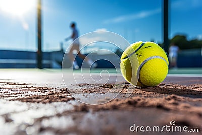Caucasian padel tennis player hits yellow ball on a blue court Stock Photo