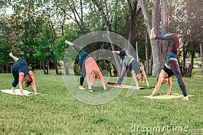 Caucasian people doing yoga in park outside on sunset Stock Photo