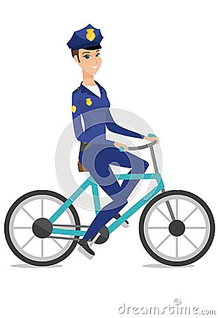 Caucasian police officer on bicycle. Vector Illustration