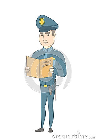 Caucasian police officer holding a police report. Vector Illustration