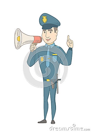 Caucasian policeman speaking into loudspeaker. Vector Illustration