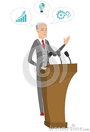 Caucasian politician giving a speech from tribune. Vector Illustration