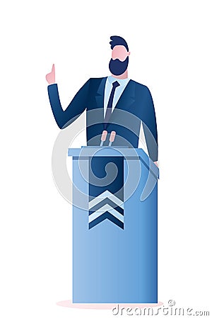 Caucasian Politician speaking. Male giving speech from tribune with microphones Vector Illustration