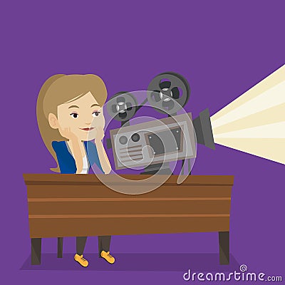 Caucasian projectionist showing new film. Vector Illustration