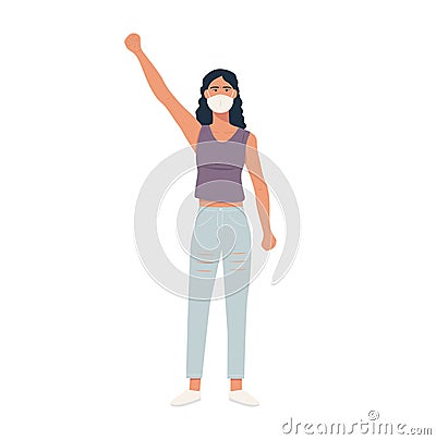 Caucasian protester in respiratory mask, hand fist raised up. White woman protesting, fighting for human rights Vector Illustration