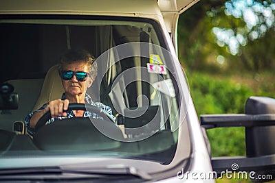 Woman Motorhome Road Trip Stock Photo