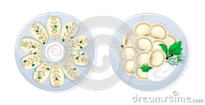 Caucasian russian kitchen traditional tasty food kurze and dumplings Vector Illustration