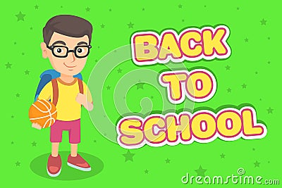 Caucasian school boy holding basketball ball. Vector Illustration