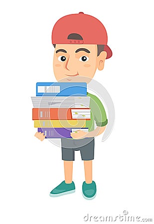 Caucasian school child holding pile of textbooks. Vector Illustration