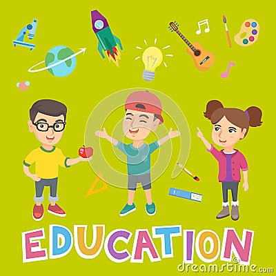 Caucasian school children and word education. Vector Illustration