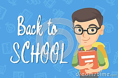 Caucasian schoolboy with backpack and textbook. Vector Illustration