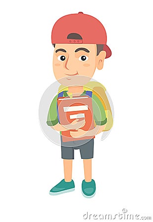 Caucasian schoolboy with backpack and textbook. Vector Illustration