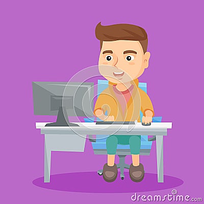 Caucasian schoolboy working on a computer at home. Vector Illustration