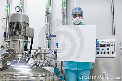 Plant picture, scientist standing on steel stairs, hold empty pa Stock Photo